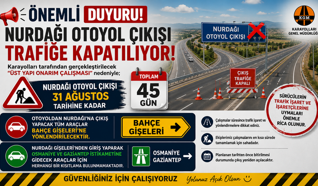 Nurdağı Otoyol Çıkışı 45 Gün Trafiğe Kapatılıyor