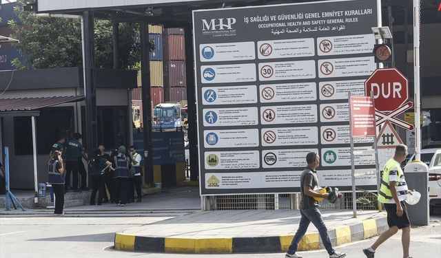 Mersin Uluslararası Limanı'nda iş makinesi konteynerin üzerine devrildi
