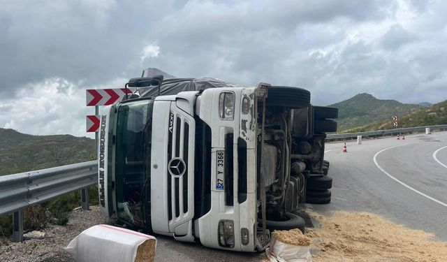 Manavgat'ta devrilen tırın sürücüsü yaralandı