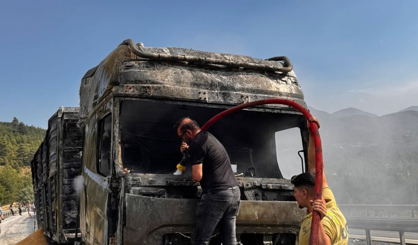 Burdur'da buğday yüklü tır yandı