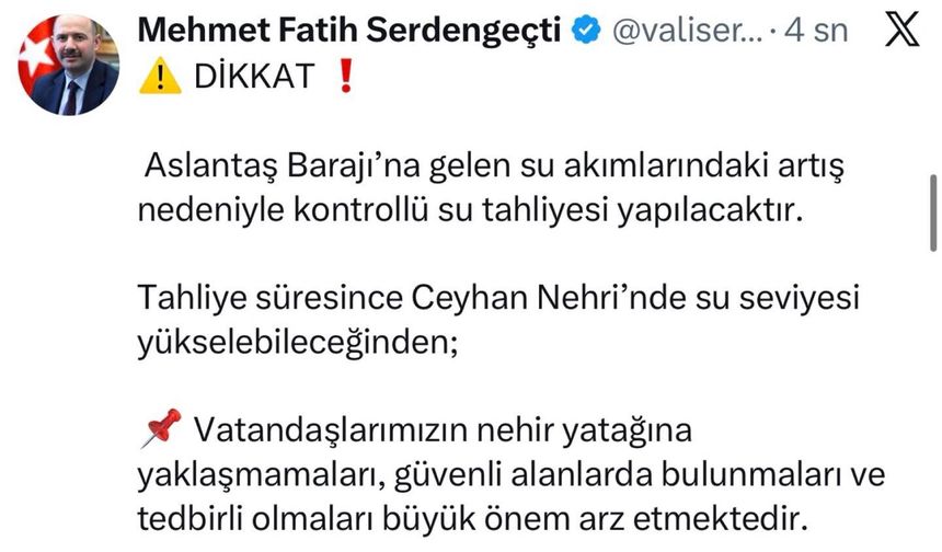 Osmaniye Valisi Serdengeçti' den Ceyhan’da Su Seviyesi Uyarısı