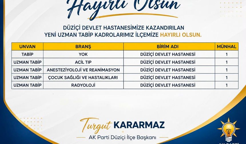 Düziçi Devlet Hastanesi'ne 5 Yeni Hekim Kadrosu
