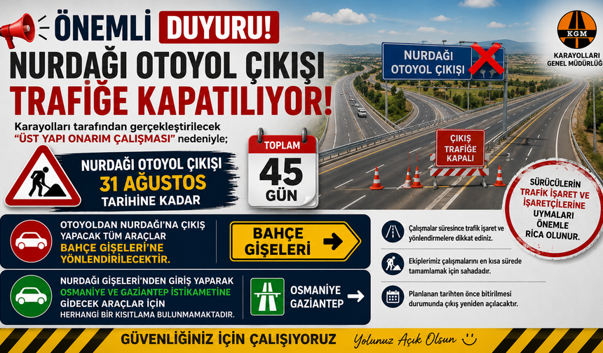 Nurdağı Otoyol Çıkışı 45 Gün Trafiğe Kapatılıyor