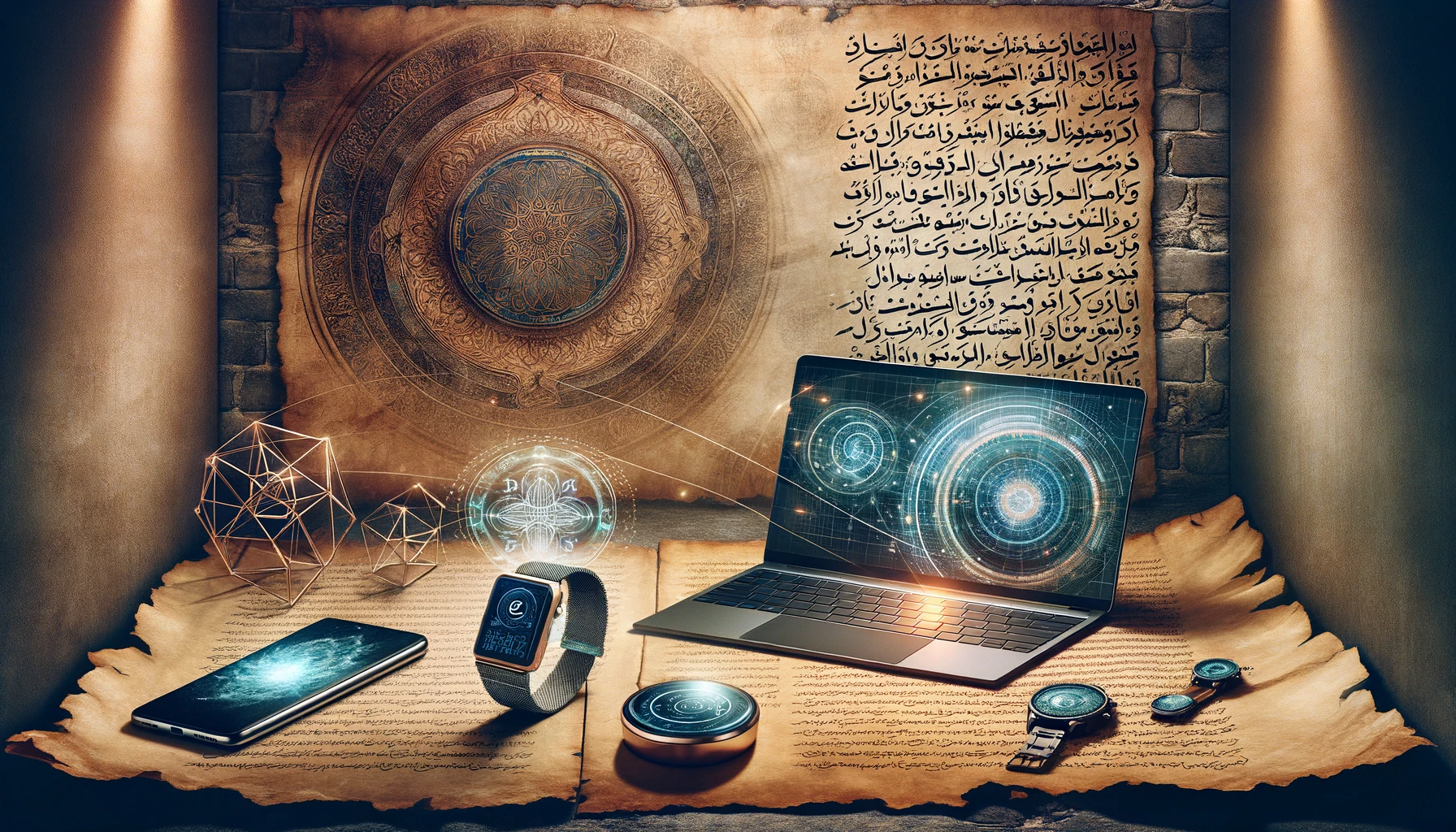 Dall·e 2024 01 08 18.57.47 A Conceptual Horizontal Image Blending Elements Of Rumi's Poetry With Modern Technology For A Newspaper Article. The Scene Includes A Vintage, Parchme