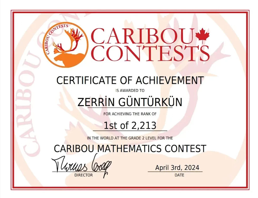 Bi̇lsem Öğrencisi  Güntürkün, Uluslararası Caribou Matematik Yarışmasında Dünya Birincisi Oldu (1)