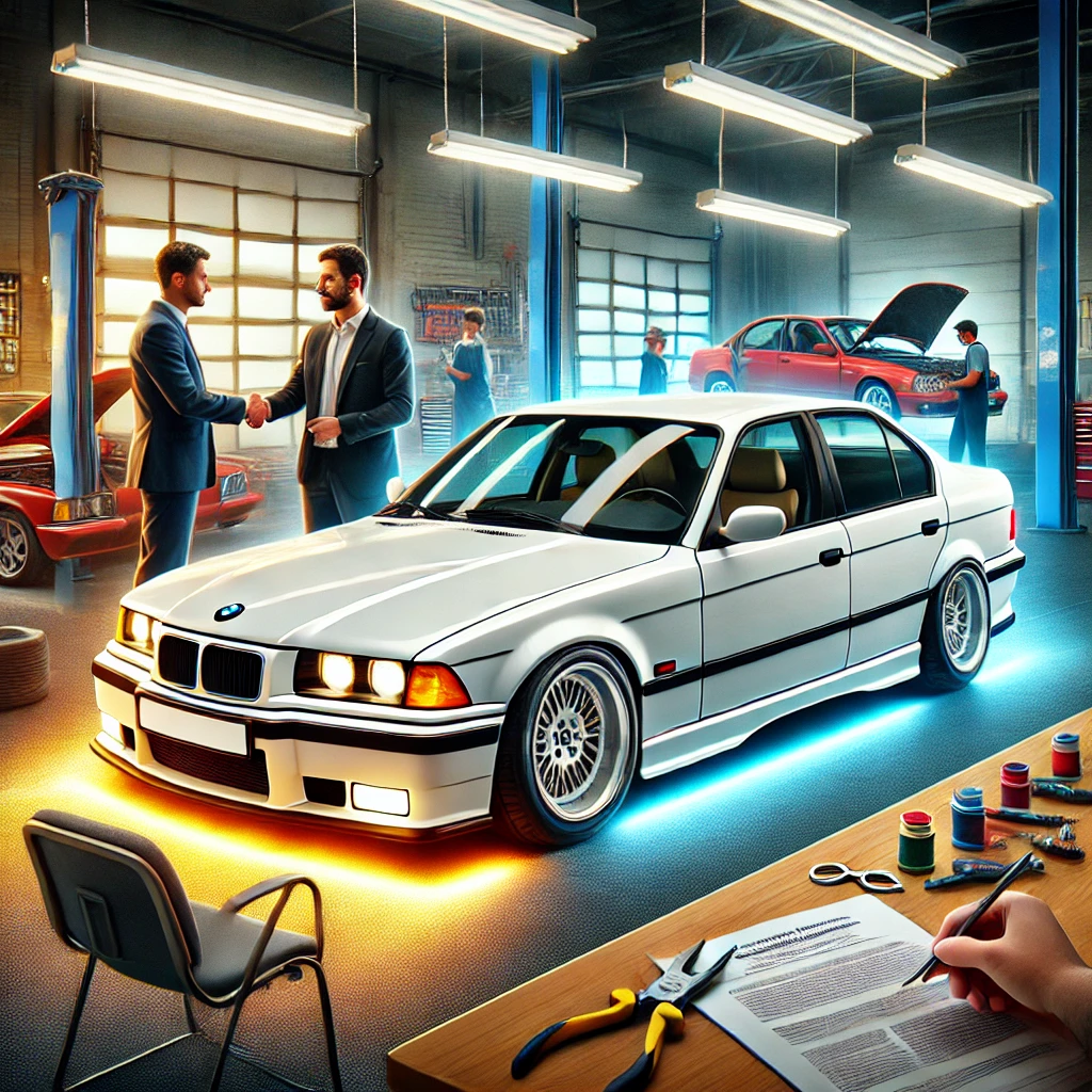 Dall·e 2024 12 26 20.13.42 A Restored And Polished Image Of A Bmw E36 At The Center Of A Vibrant Auto Repair Shop. The Scene Now Looks Refined With Enhanced Lighting And Cleaner