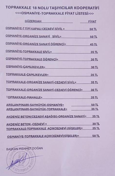 Toprakkale’de Dolmuş Ücretlerine Zam Yeni Tarifeler Açıklandı (1)