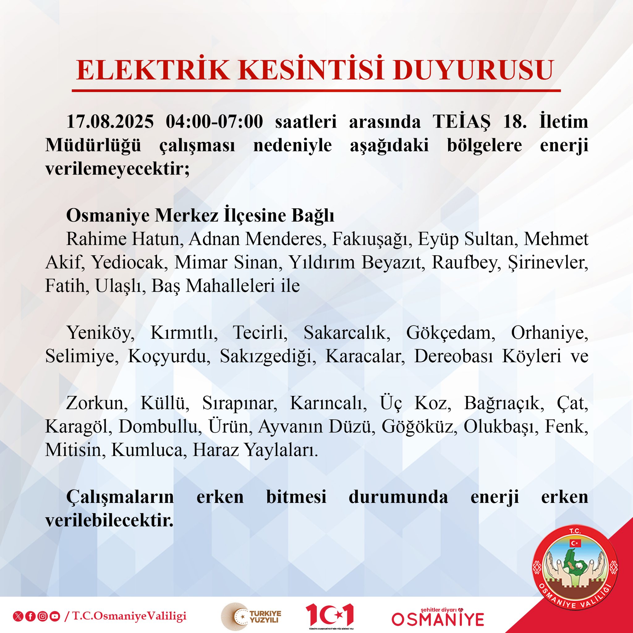 Osmaniye’de Pazar Sabahı Elektrik Kesintisi Uyarısı