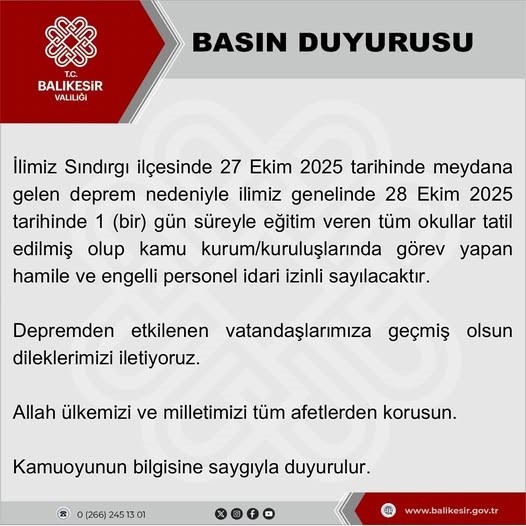 Balıkesir’de Deprem Sonrası Okullar Tatil Edildi
