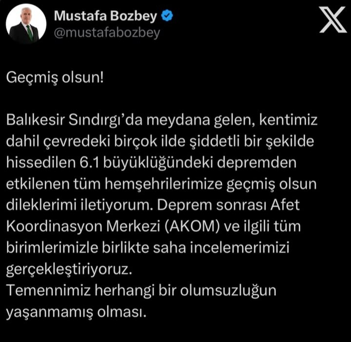 Başkan Bozbey’den Deprem Mesajı