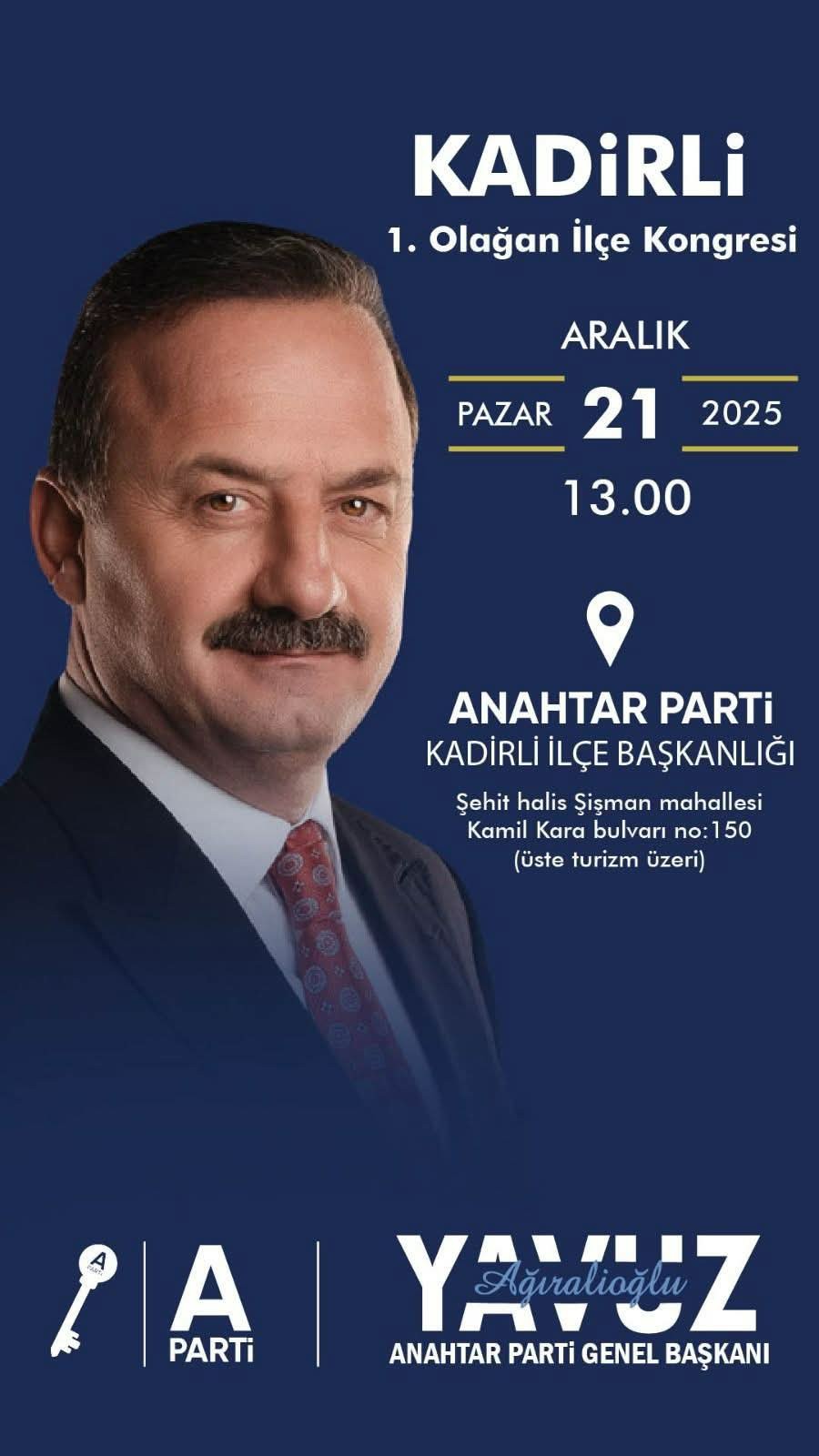 Anahtar Parti Kadirli İlçe Kongresi 21 Aralık’ta Yapılacak