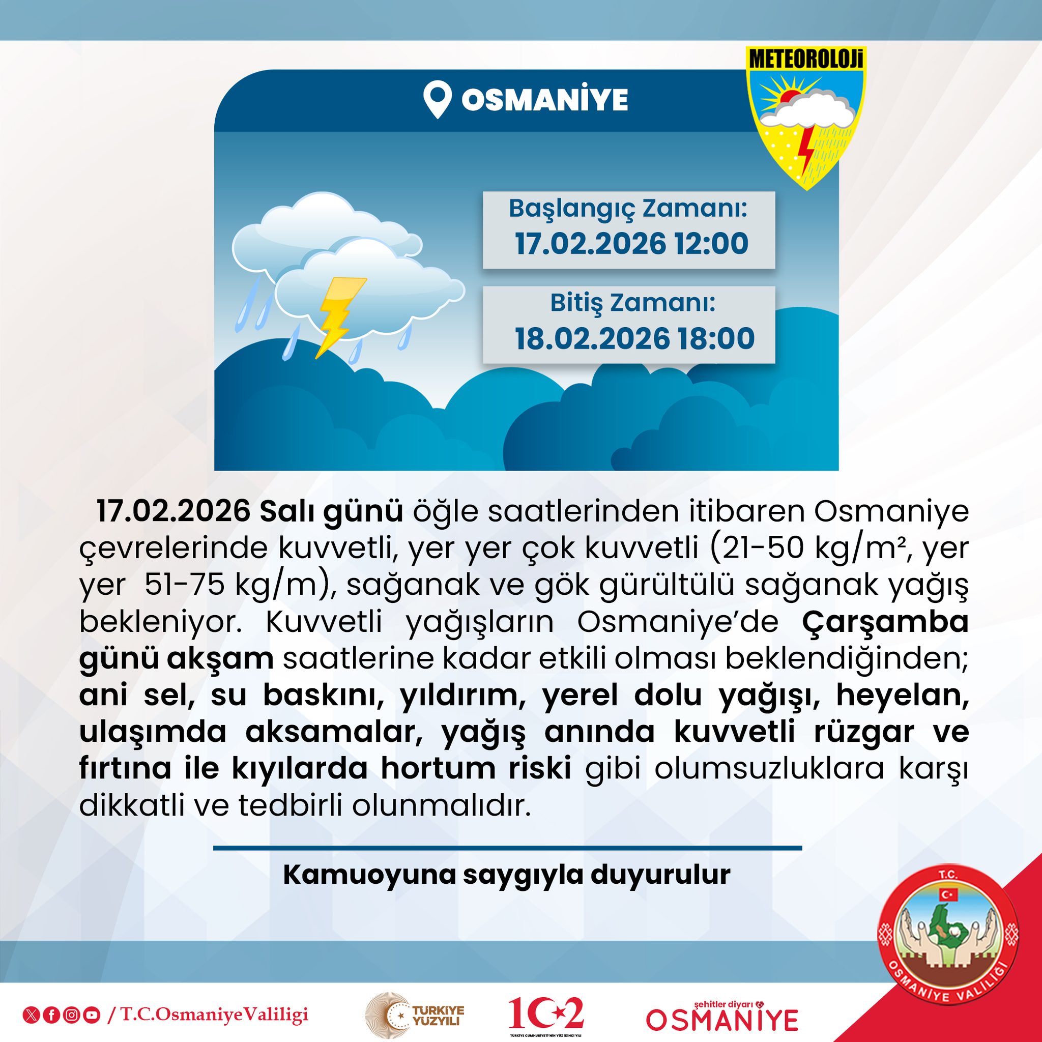 Osmaniye’ye Kuvvetli Yağış Uyarısı