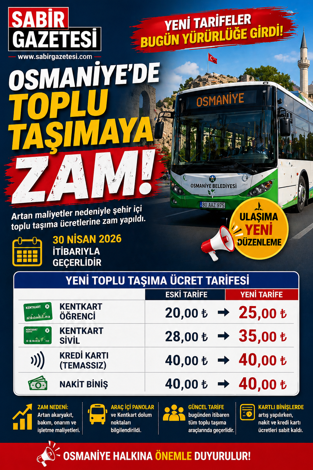 Osmaniye Ulaşımına Zam Geldi