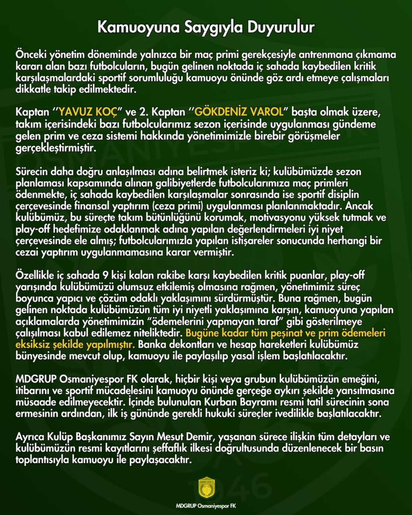 Osmaniyespor’dan Açıklama “Tüm Ödemeler Eksiksiz Yapıldı”