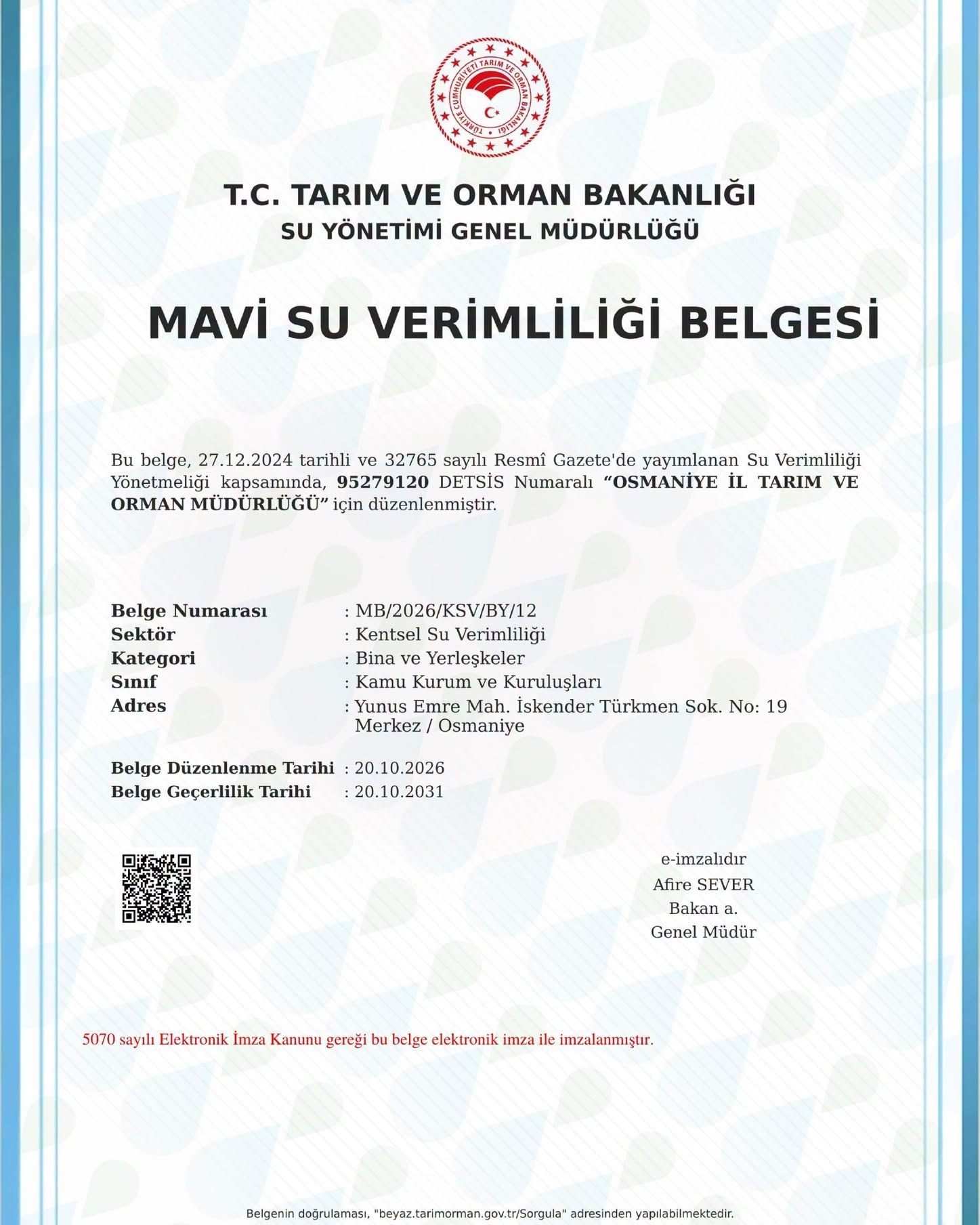 Osmaniye İl Tarım'a Mavi Su Verimliliği Belgesi-1