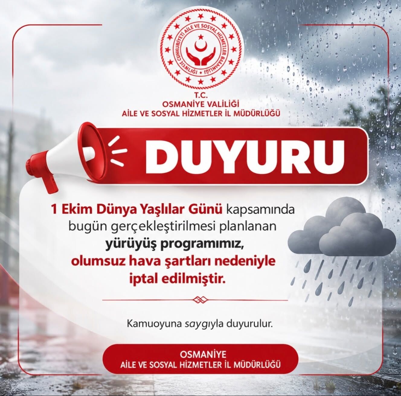 Osmaniye’de Dünya Yaşlılar Günü Yürüyüşü İptal Edildi