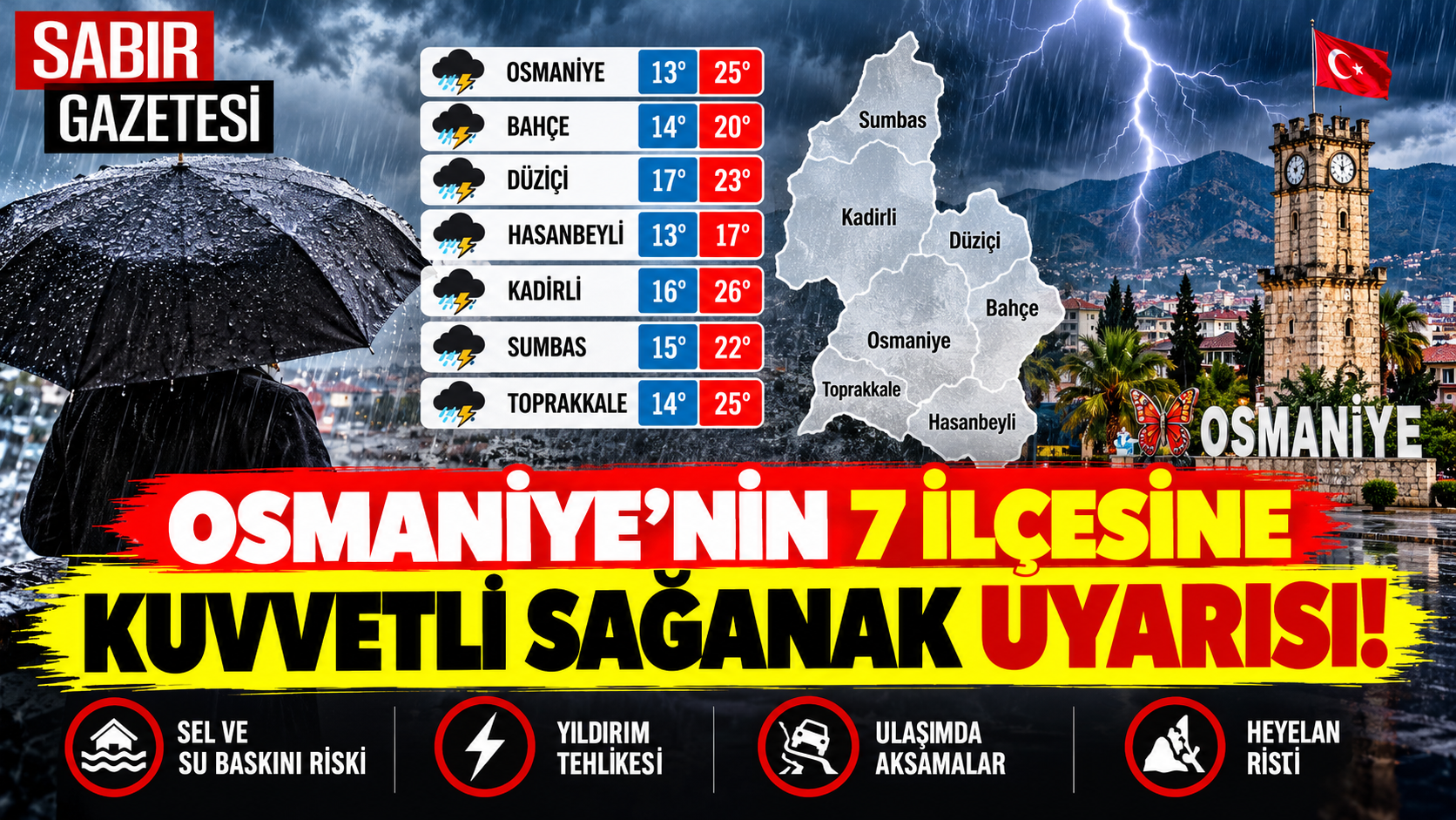 Osmaniye'nin 7 İlçesine Kuvvetli Sağanak Uyarısı!